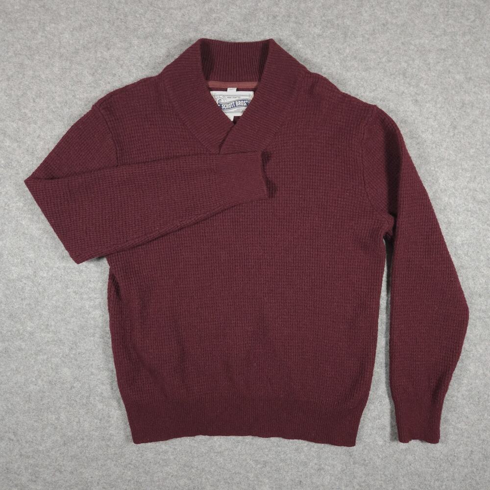 Schott Bros Sweater Mens Large Burgundy Wool Waffle Knit Shawl Collar Pullover